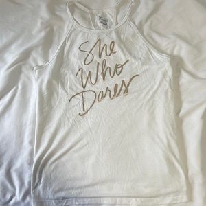 “She Who Dares” white and Gold tank top Large active wear